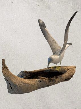 Decorative Seagull on Driftwood - White and Gray Coastal Bird Figurine